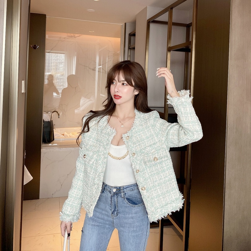 アウター ジャケット ラウンドネック かわいい きれいめ モダン チェック柄 春 冬 着回し