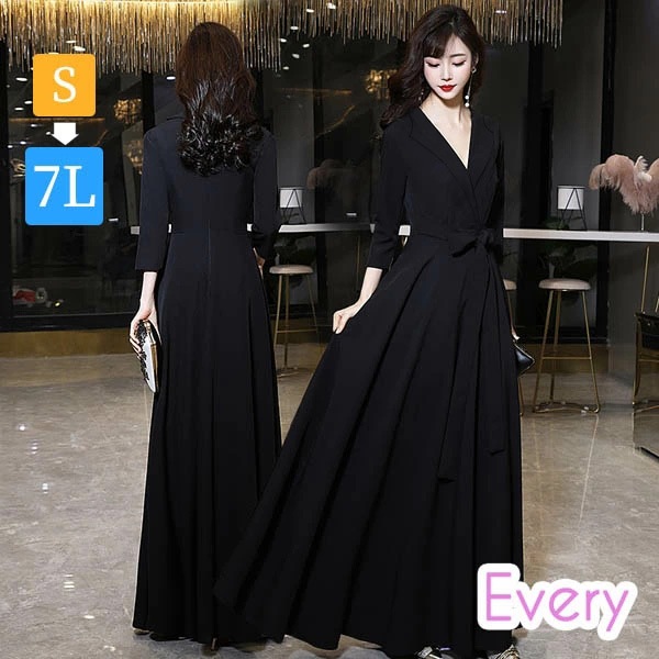 ドレス 大人 ピアノ 発表会 Vネック イブニングドレス パーティードレス ロングドレス 母親 結婚式 ミセス向けドレス 演奏会 袖あり ドレス 大きサイズ ブラック 成人式 同窓会 ピアノ発表会 A