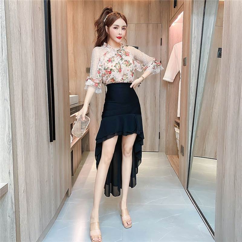 セットアップ レディース ブラウス スカート フィッシュテール キャバ ドレス ミニ ミモレ丈 黒 フリル スカート 花柄 透け感 レース トップス 上下セット 個性的 大人可愛い レトロ ガーリー