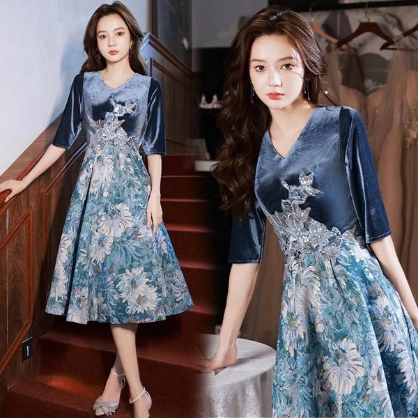 ドレス 大人 ピアノ 発表会 ミモレ丈 ベルベット Vネック 刺繍ドレス 5分袖 イブニングドレス ミセス向けドレス 演奏会 ピアノ発表会 ワンピース 二次会 女子会 パーティードレス 大人 S M