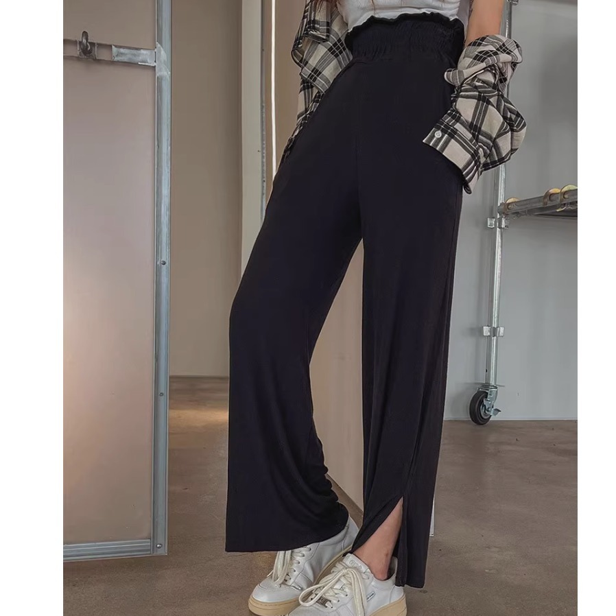 レディース パンツ ボトムス 部屋着 ストレートパンツ ワイドパンツ ロング フルレングス ワイド ストレート スリット サイドスリット ポケット ハイウエスト リブ ウエストゴム ストレッチ 伸縮性