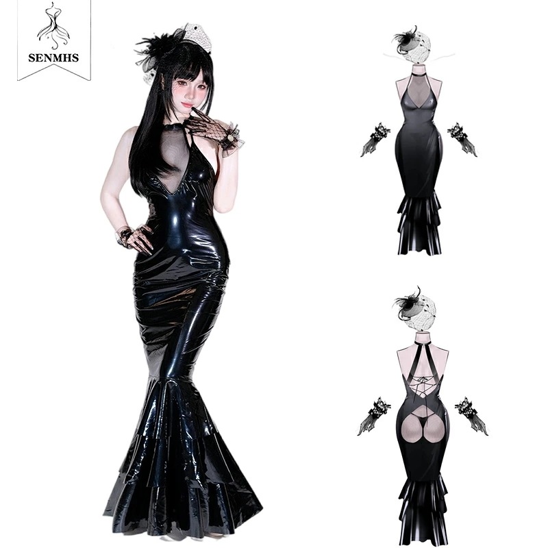 SENMHS コスプレ セクシー チャイナドレス チャイナ服 ゴスロリ ワンピース ゴシック パンクスロリータ ゴシック風 暗黒 ボンデージ ボディコン エナメル PVC 女王様 ブラック レディース