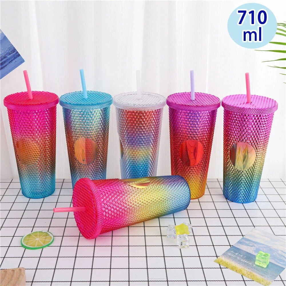 水筒 タンブラー グラデーション コップ カップ プラスチック 710ml ボトル 大容量 ストロー付き 蓋付き 漏れ防止 レリーフ 大人 子供 軽量 割れにくい カラフル 手触り 手頃 グラデー