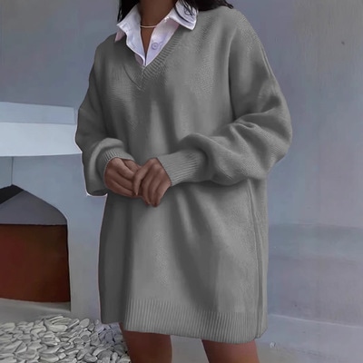 トップス セーター 長袖 Vネック プルオーバー ミディアム丈 可愛いかわいい 大人可愛い きれいめ シンプル 上品 おしゃれ かっこいい カジュアル こなれ感 個性的 主役級 存在感 ラフ ルーズ