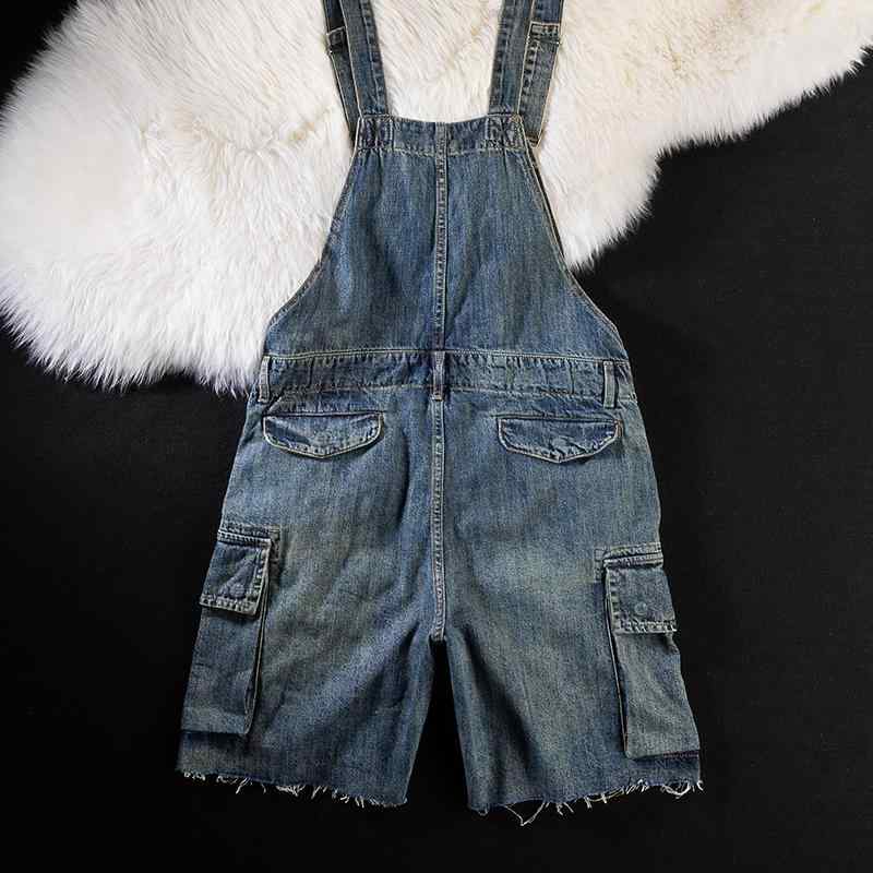オーバーオール レトロ ワークウェア デニム サスペンダー ショーツ メンズ マルチ ポケット パンツ ストレートレッグ 大きいサイズ カジュアル 男性