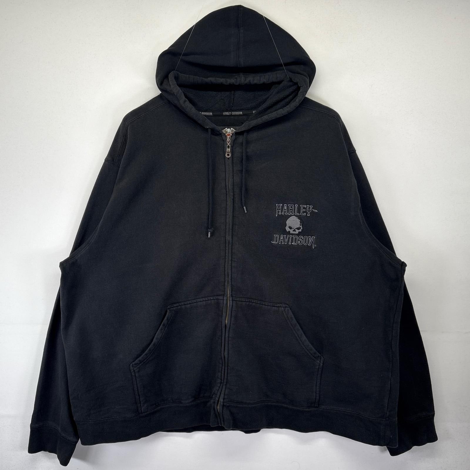 古着 パーカー 大きいサイズ フルジップ ドクロ バイク ビックプリント 4XL ブラック メンズ