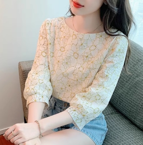 ブラウス トップス シャツブラウス 半袖 レディース チュニック 半袖 夏 花柄 刺繍 カットソー 体型カバー 綿 コットン フレア ゆったり 可愛い S M L XL ホワイト