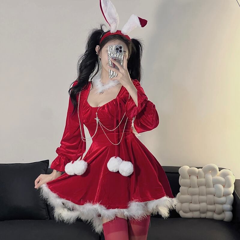 （4点セット）クリスマス 翼 ボンボン エンジェル コスプレ パーティー 長袖 ワンピース