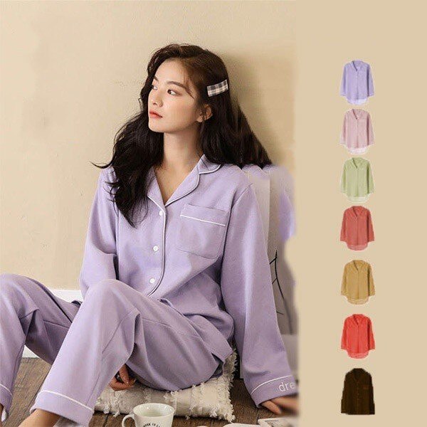 7色 綿 通気性良い 無地 パジャマ ルームウェア レディース ペア 上下セット 春 夏 秋 冬 V