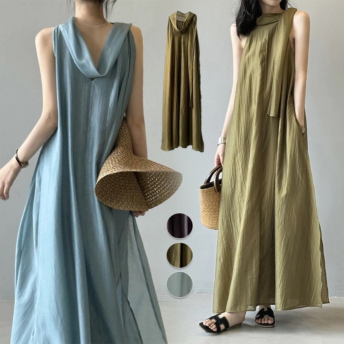 リヨセル ワンピース リボン フレアワンピース ノースリーブ レディース オフィス ロング丈 ファッション 夏 ノースリーブワンピース カジュアル エレガント 半袖ワンピース きれいめ 涼しい 春夏