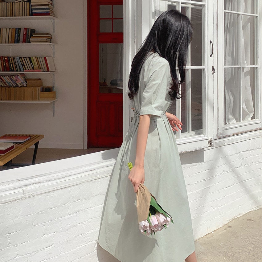 [top0376] 韓国ファッションコットンピンタックラウンドロングワンピース