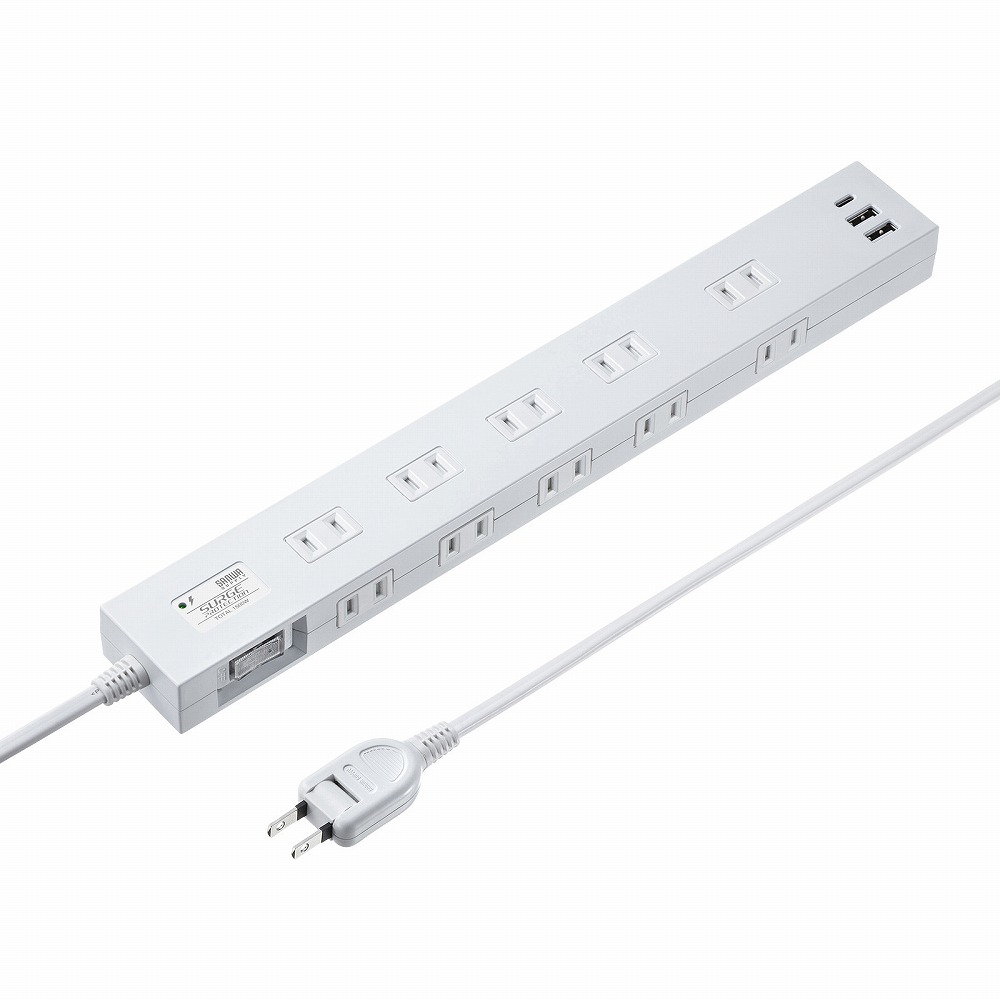 サンワサプライ 雷タップ 10個口＋USB-A＋Type-C（PD20W）ホワイト・1m TAPSP2110NUC1W