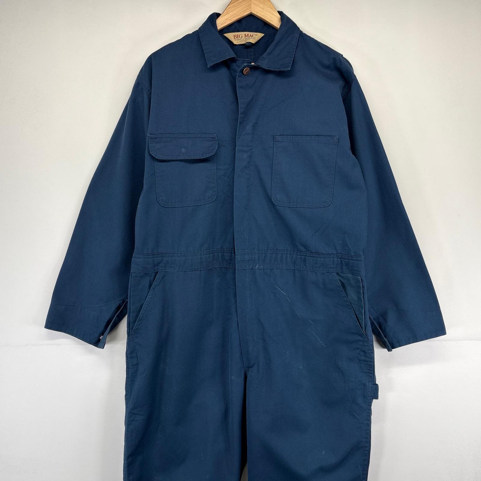 古着 90s/90年代 ビッグマック BIG MAC 長袖つなぎ オールインワン ワーク 作業着 無地 胸ポケット ネイビー メンズ