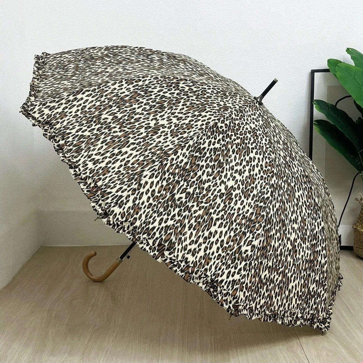 (10点セット)【裕福になる】禁欲風レースヒョウ柄風木製ハンドル自動骨強化防風成熟した気質ロングハンドル傘女性用