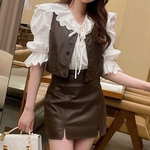 人気爆発セットアップ ミニスカート ベスト ブラウス 3点セット お嬢様 韓国 ゆめかわいい やみかわいい 原宿系 地雷系 参戦服 無地 ビッグカラ ビッグ襟 春 秋 五分袖 ショート丈 ミニ丈 お