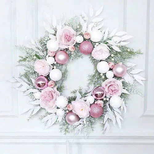 祝日おめでとうクリスマスリースピンクリース55cmフラワークリスマス玄関部屋ナチュラルり上品装飾優雅おしゃれ飾り飾り付け可愛いドア壁掛け天然素材