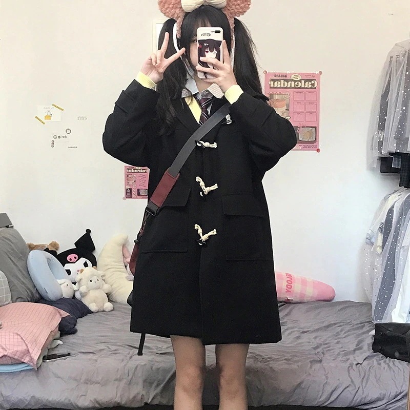 日本製角ボタンコート カレッジスタイル 小学生スタイル Jk制服 キルティング厚手ウールコート レディース 秋冬
