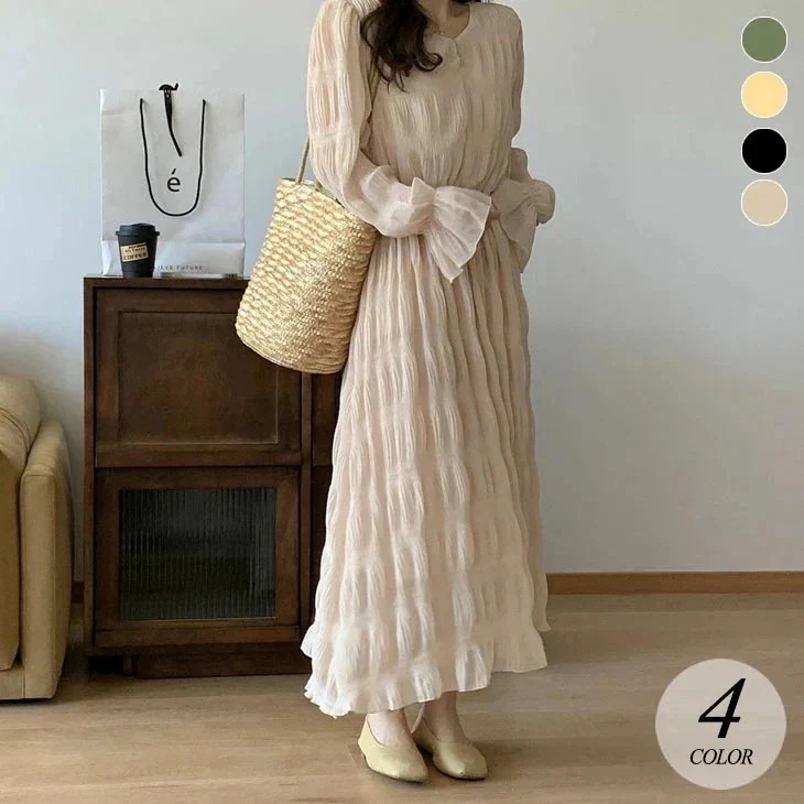 ロングワンピース シャーリング ベルスリーブ レディース 春 夏 秋 ミモレ丈 ワンピース ハイウエスト 長袖 ドレス 長袖ワンピース おしゃれ 上品 きれいめ 韓国ファッション