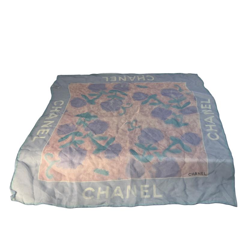CHANEL シャネル 花柄 タグ付き シルク スカーフ ブルー A-12361