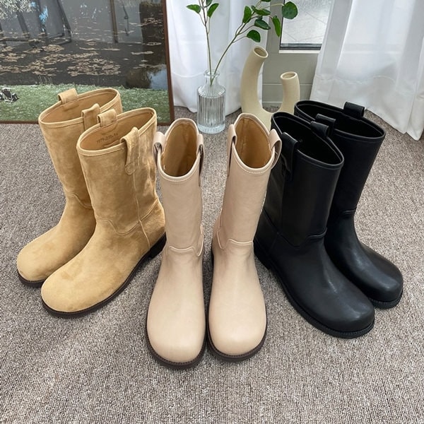 ミドルブーツ ラウンドトゥ フラット レディース 黒 ベージュ レザー スエード 靴 婦人靴 韓国