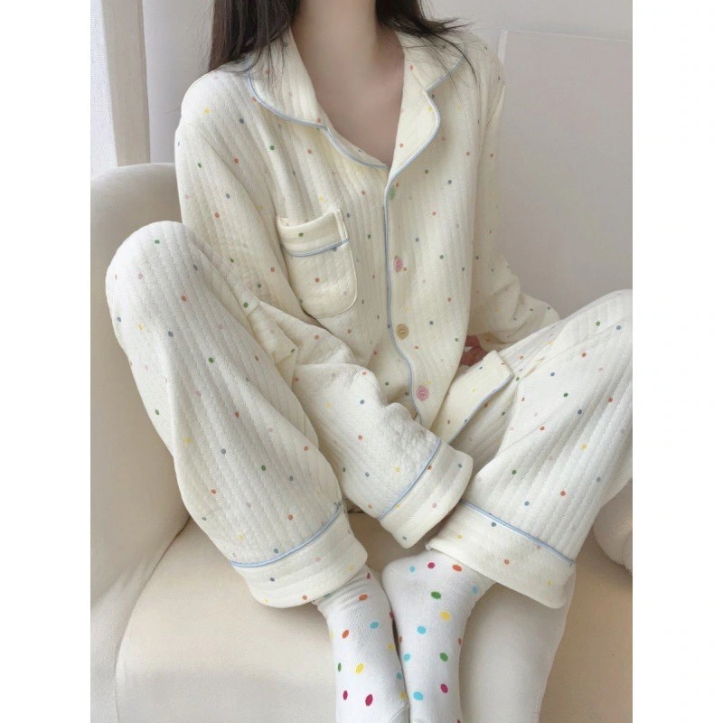 パジャマ シンプルで暖かい厚手の長袖パジャマ女性の秋と冬のカーディガンは家の服のスーツの外に着ることができる