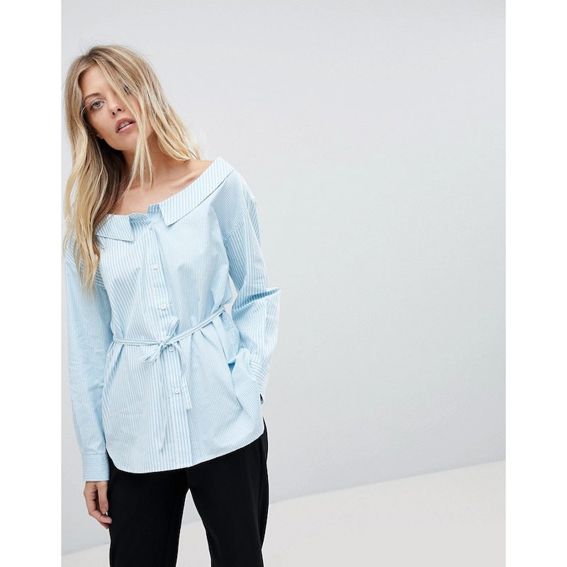 フレンチコネクション レディース トップス ブラウス・シャツ【French Connection Off-Shoulder Stripe Shirt】Blue フレンチコネクション レディース トップス ブラウス・シャツ【French Connection Off-Shoulder Stripe Shirt】Blue