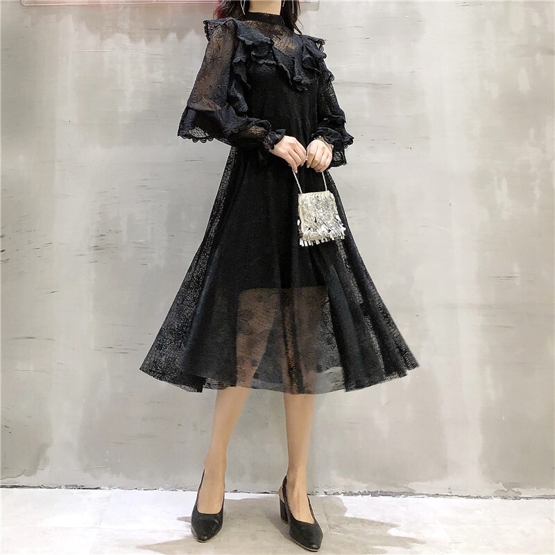 ワンピース フレアワンピース ワンピドレス 膝下 ミモレ ミモレ丈 袖あり 長袖 パフスリーブ ハイネック クルーネック フレア レース 刺繍 フリル ハイウエスト 透け感 シースルー かわいい