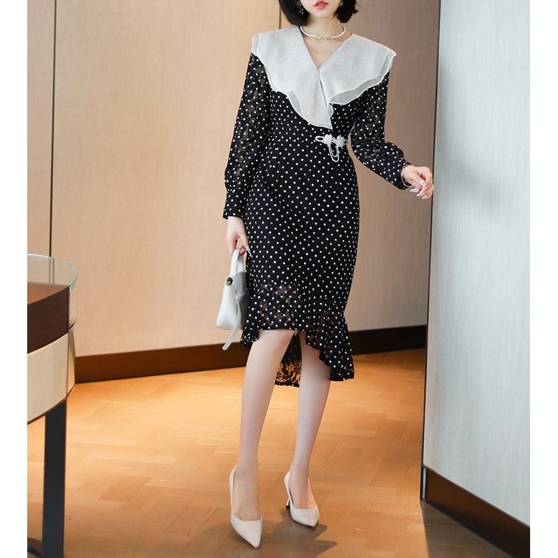 フリルレーススリーブ水玉ワンピース 【op0055】