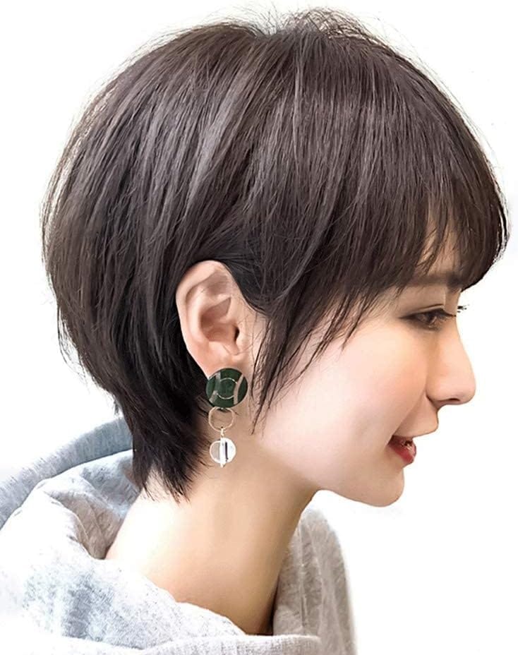 ボブスタイルのフルウィッグ リアルなつむじと分け目 人毛100% 通気性が良く装着が簡単 ブラウン2番