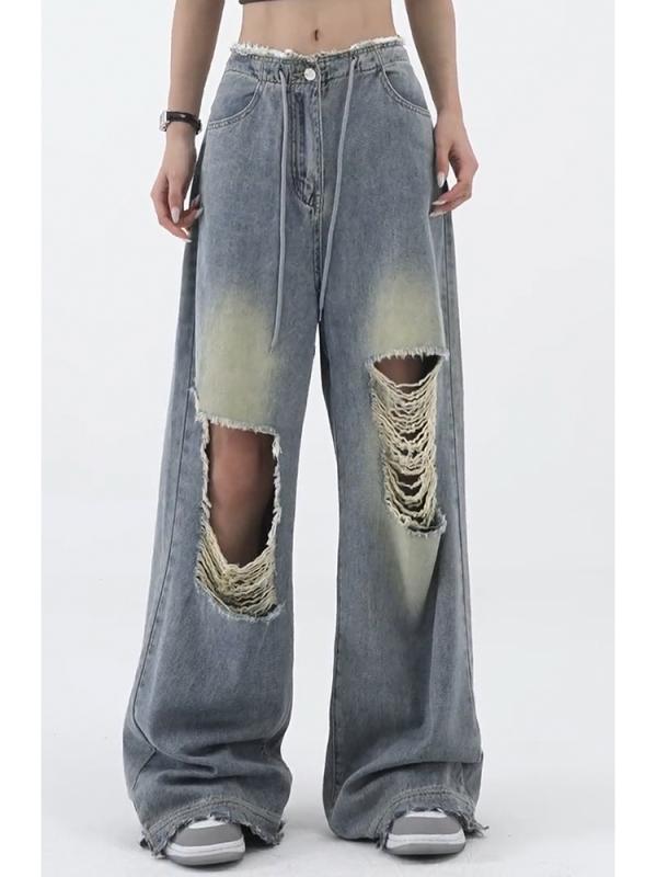 レディース ファッション オシャレ カワイイ シンプル 人カワイイ きいサイズ ロー エッジ リッピング ワイド レッグ ジーンズ パンツ ウエスト ストレート