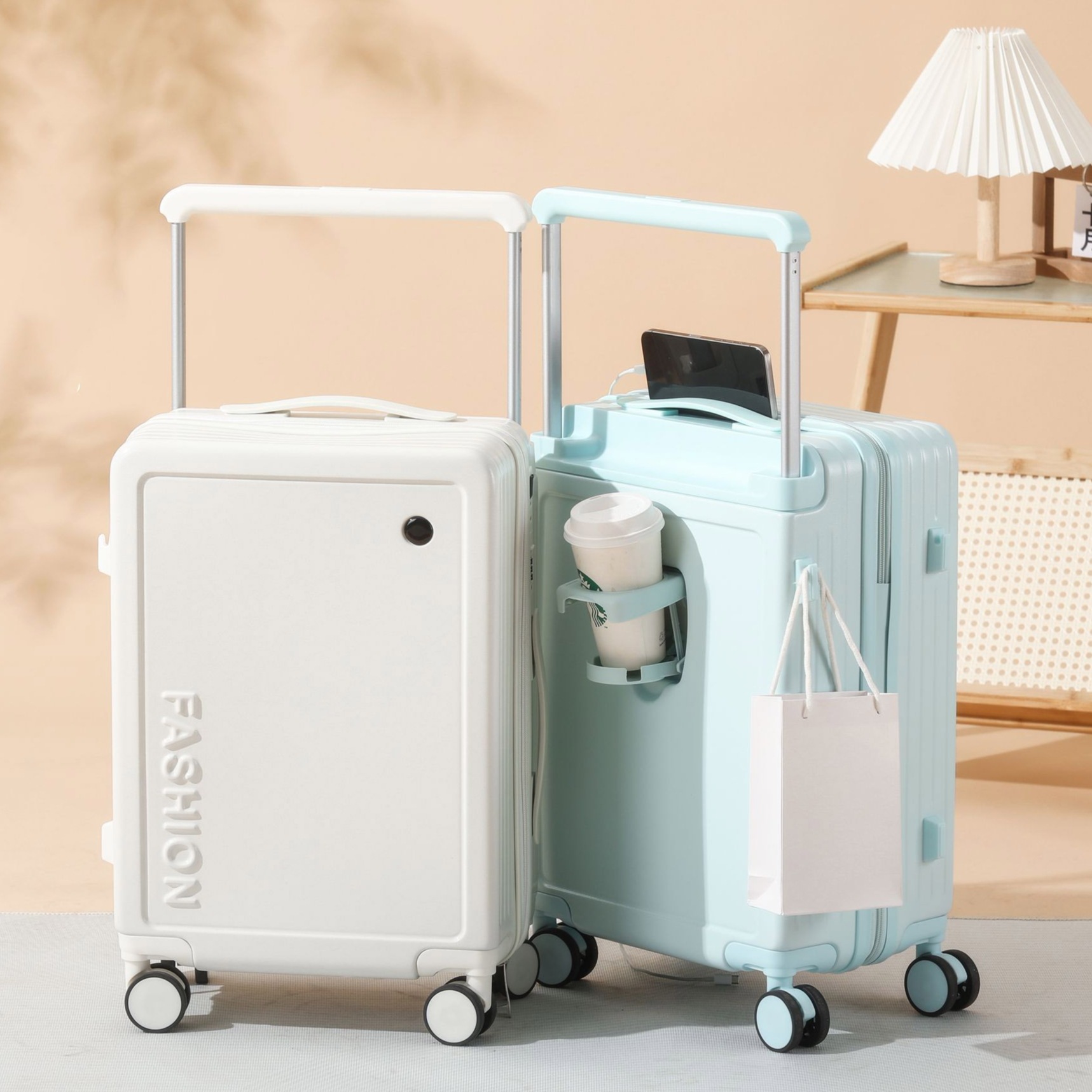 ワイドロッドトランク 収納スペースをより広く アルミフレームタイプ USB充電口 カップホルダ 移動が便利 ファスナータイプ 多機能トランク エンクロージャ 小型軽量 あんごうばこ スーツケース