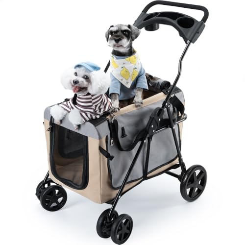 Pandaloli ペットカート 犬 バギー ベビーカー:中型犬 小型犬 猫 多頭 カート 4輪 軽量コンパクト 耐荷重25Kg 前輪360回転 後輪ブレーキ付き 飛び出し防止リード2本付き 折りた