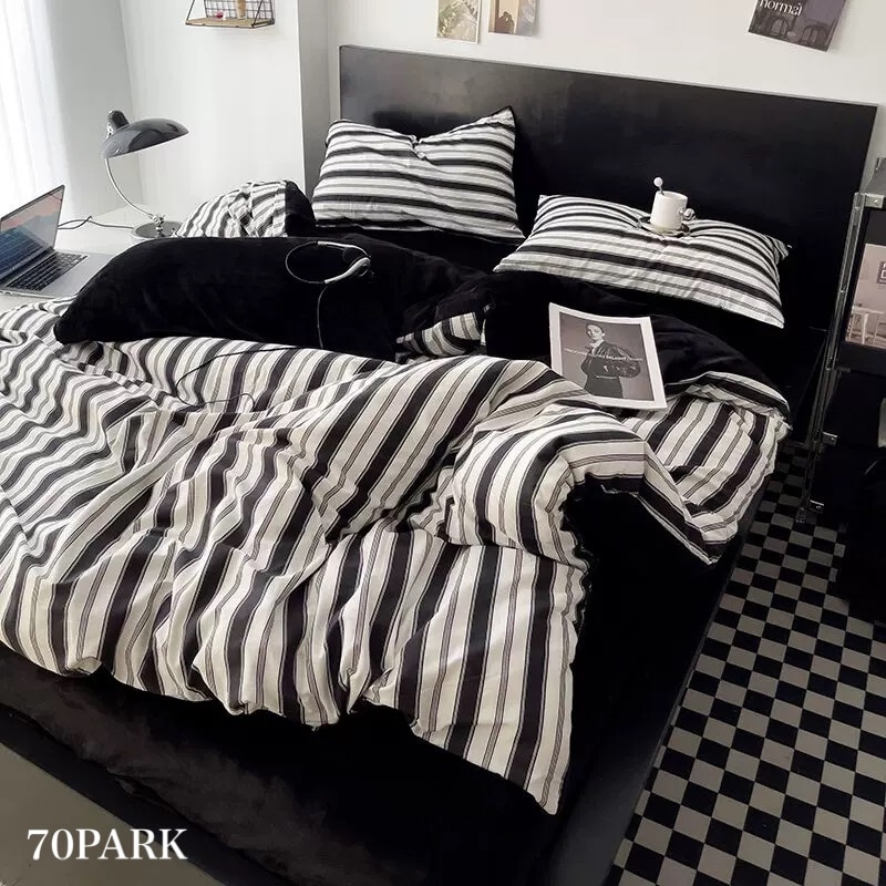 ブラック マルチ ストライプ 冬用 布団カバーセット 全2種 ベッドカバー オールシーズン シングル ダブル クイーン ベッドリネン おしゃれ 韓国インテリア 韓国っぽ 70PARK