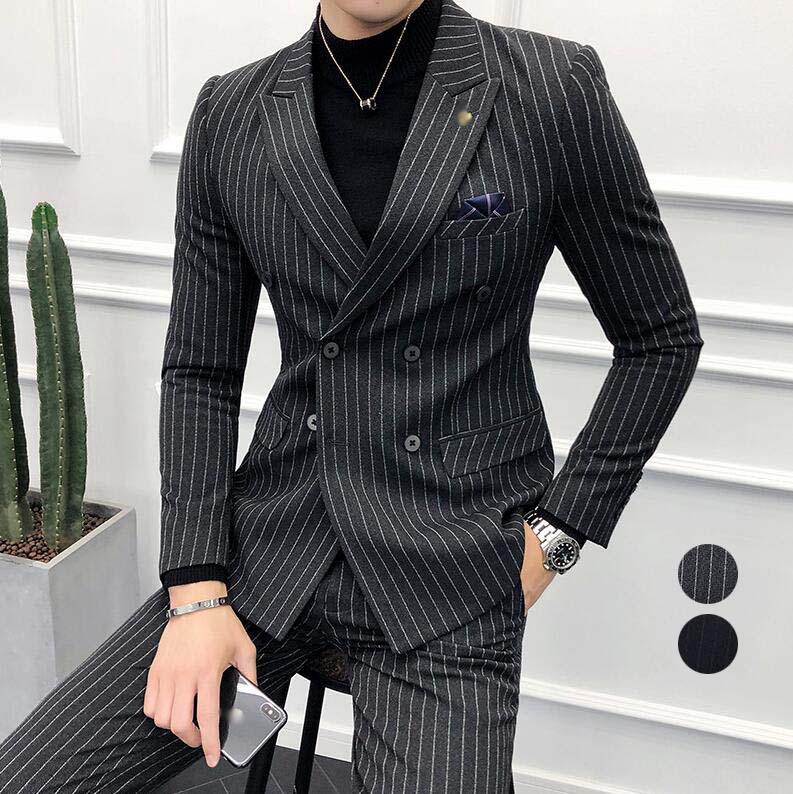 スリーピースメンズダブルスーツセットアIップストライプ紳士服ビジネススーツ3点セットジャケット+パンツ+ベストスーツフォーマルスーツ上下セットカジュアルスーツスリムスーツ通勤大きいサイズS-3XL披露