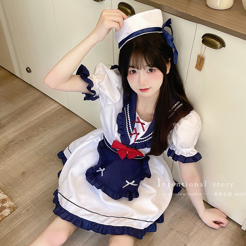 解説 リトルネイビーjkメイド服可愛い白シルクロリータドレス