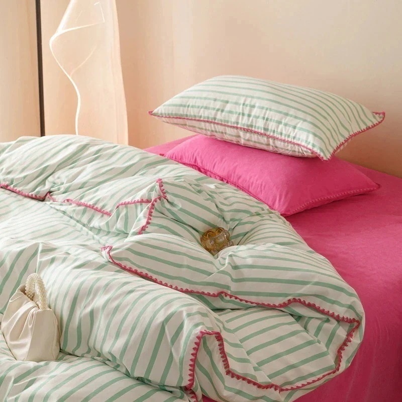 メガ割 4点セット ドーパミン 綿 グリーン ストライプ m シーツ 可愛い 布団カバ ー 不対称 枕カバー 抗菌 寝具