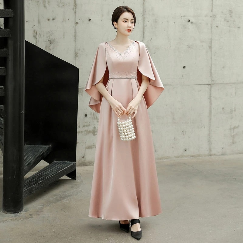 カラードレス ファスナー パーティードレス ケープ風ドレス フォーマルドレス ロングドレス サテン 結婚式 二次会 発表会 Vネック カクテルドレス ピンク 上品 ゲストドレス ウェディングドレス ウ