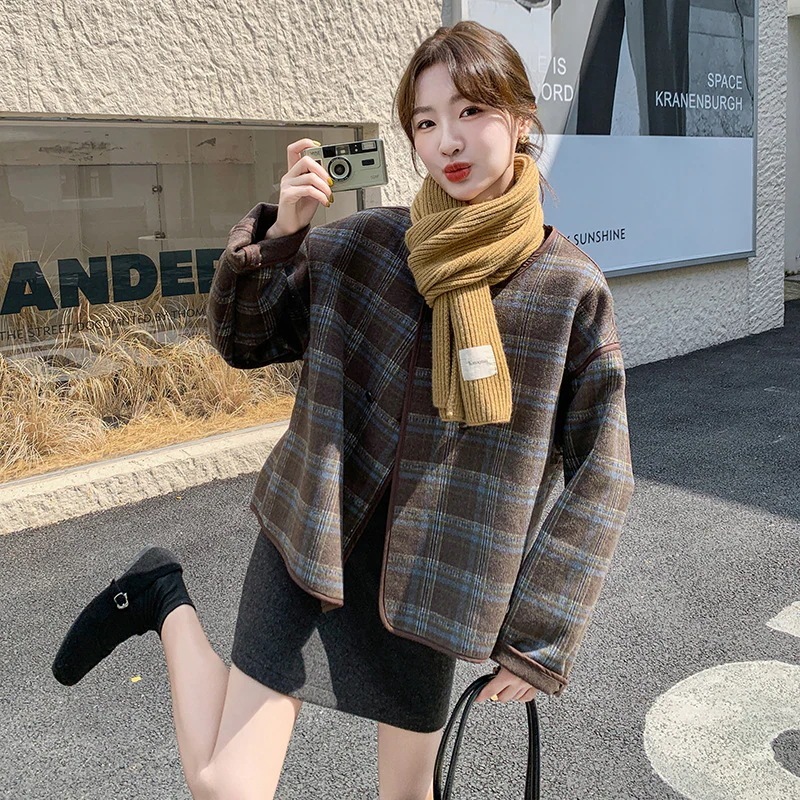 パッチワークチェックショートセクションツイードコート2024新しい英国スタイル緩い薄いカジュアル汎用性の高いツイードジャケット