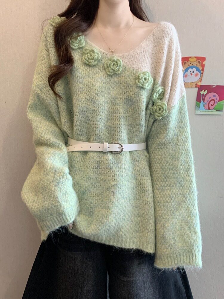 （ライトなし） ユニークでとても美しい気品のあるウエストシェイプVネックセーター女性用春物大きいサイズぽっちゃりさん向け高級感のあるリラックスしたニットトップス