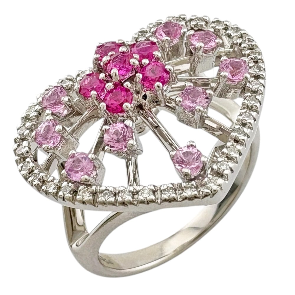 ハート リング 指輪 11号 18金 K18ホワイトゴールド ピンクサファイア 0.45ct ダイヤモンド 0.20ct 中古 美品