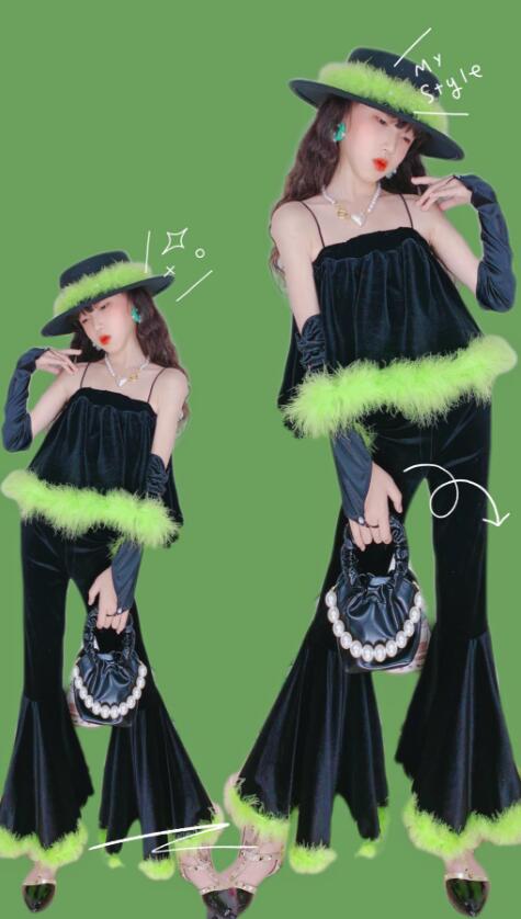 デビューした新品上下セット 女の子 ダンス衣装 フレアパンツ キッズ 復古 ジャズダンス ランス風 キャミソールトップス レトロ デスコ風 ラッパパンツ モデル 団体 チアガール イベント ステージ