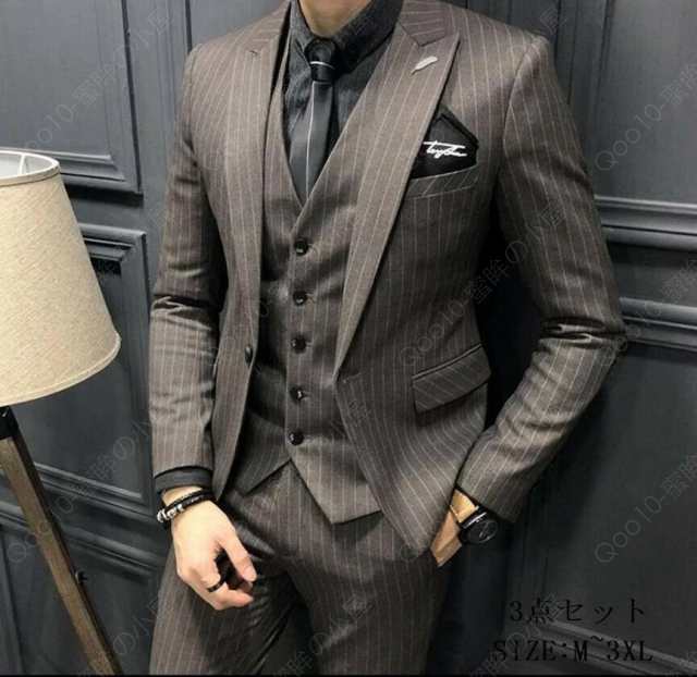 ストライプ 新作 メンズスーツ 3点セットスーツ カッコイイ 1つボタンスーツ フォーマルスーツ 結婚式 二次会 成人式 卒業式 就職活 ビジネススーツ 披露宴 お洒落 冠婚葬祭 成人式 卒業式 就