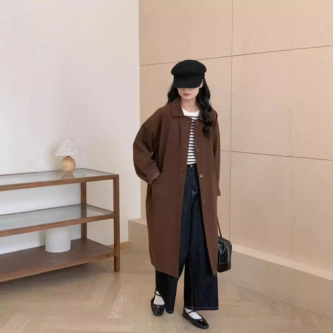 ロングウインドブレーカージャケット2024シンプル韓国レトロきれいなシングルブレストルーズカジュアルジャケット女性用