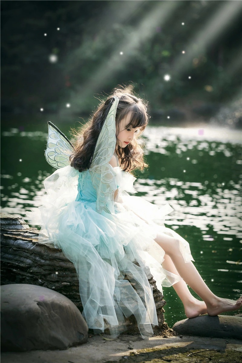 少女精霊服装は蝶羽を持ちますハロウィンCS蝶妖精スカート子供撮影ミントグリーン