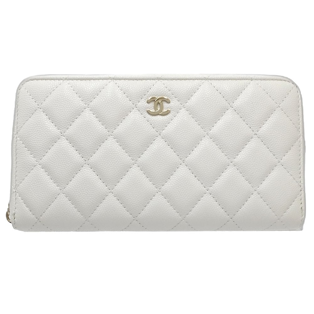 レディース クラシックロングジップウォレット マトラッセ A50097 長財布 キャビアスキン ホワイト/181441【中古】