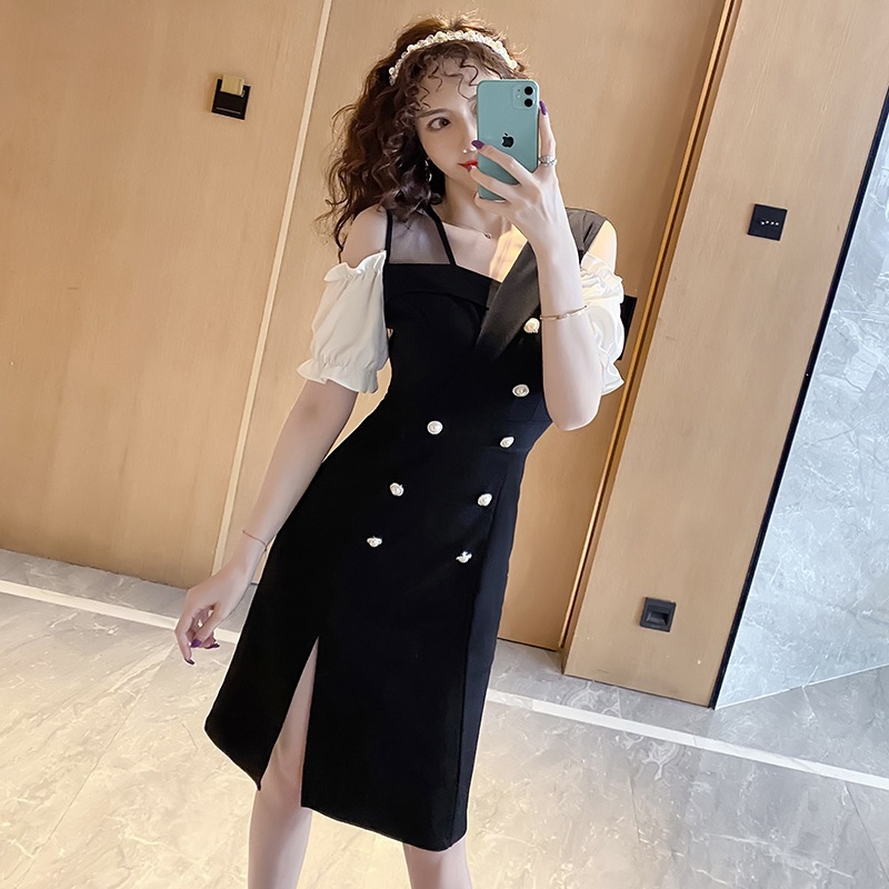 復古の中の長柄のつなぎ合わせが開いている小さな黒いスカートの新型の夏法式気質はやせているワンピースの ニットワンピ 早い者勝ち Vivalafocaccia Com