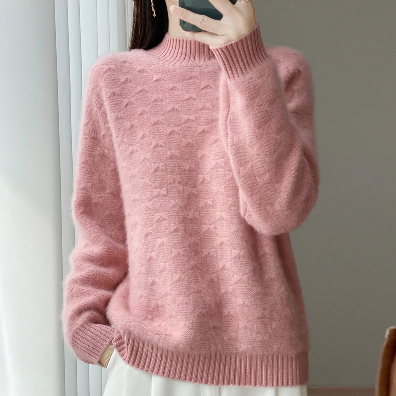 純ウールの厚手のセミハイネックのリボン柄ニットベースレイヤーセーターレディース秋冬長袖プルオーバーセーター単体での着用に適しています