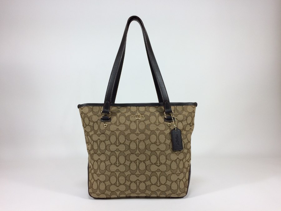 トートバッグ シグネチャー キャンバスレザー ブラウン ショルダートート 中古品