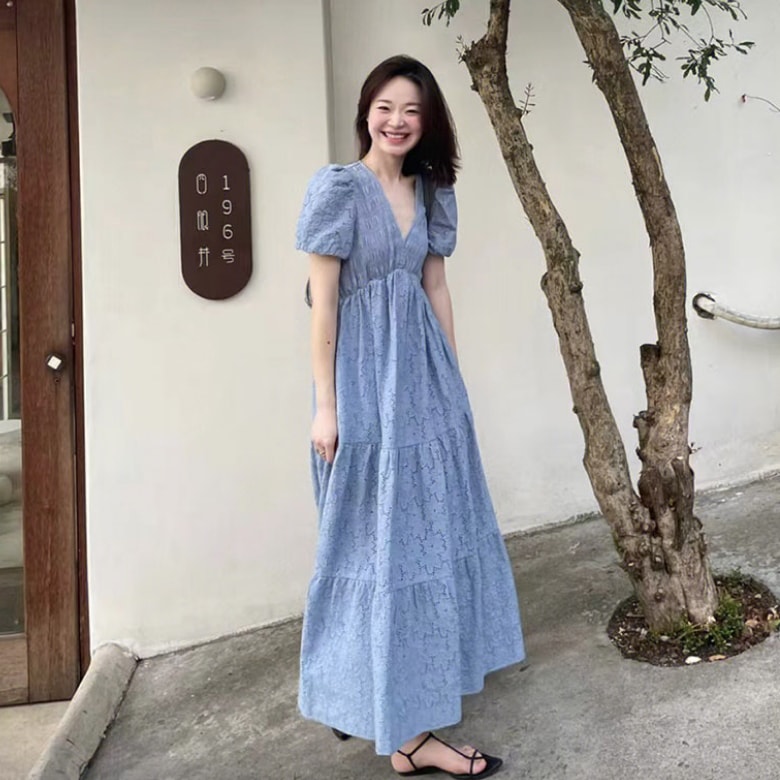 ワンピース デート ロング 袖あり 半袖 夏 10代 20代 30代 レディース 女性用 OL 学生 個性的 ブルー M L XL こなれ感 マキシ丈 エレガント ラフ ルーズ マニッシュ