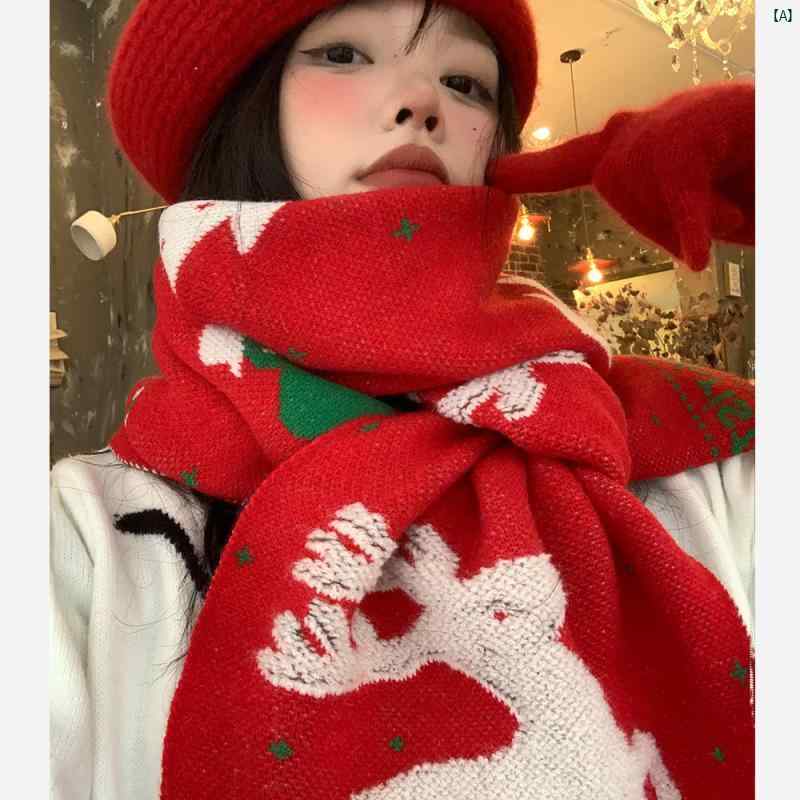 レディースファッション　ファッション小物　オシャレ クリスマス ヘラジカ ニット ウール スカーフ 冬 韓国 雰囲気 厚く 暖かい レッド 学生